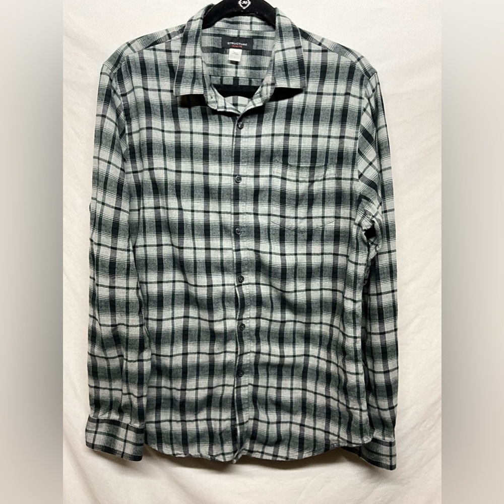 Structure Gray, Green and Black Cotton Plaid Buttondown Flannel style shirt SZ L